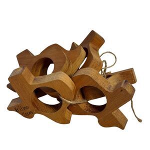 Vintage Wooden Texas Shaped Napkin Rings Hand Carved Cut Set Of 6 Western BBQ